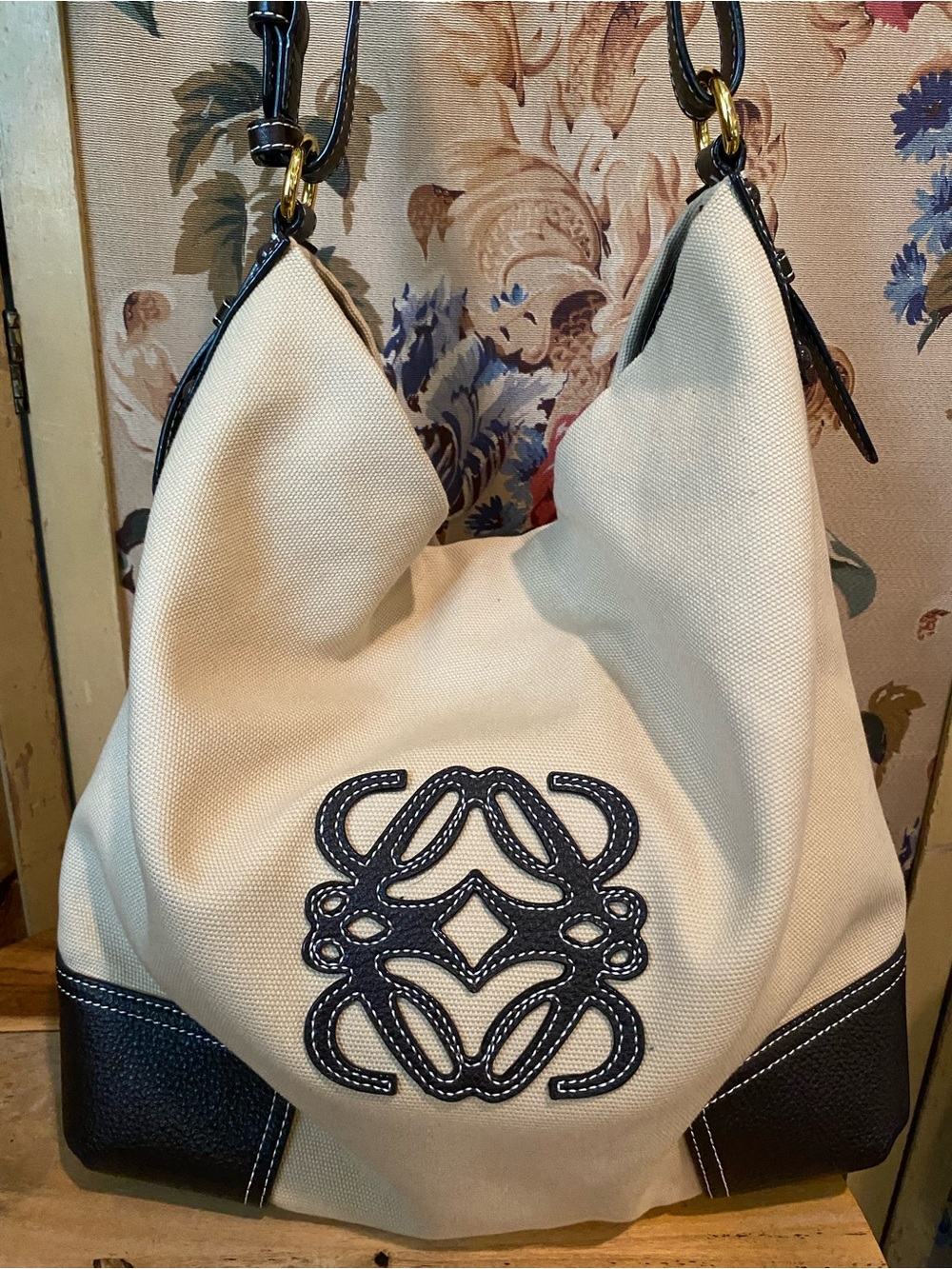 Loewe Cream Canvas Hobo with Black Leather Trim and Anagram